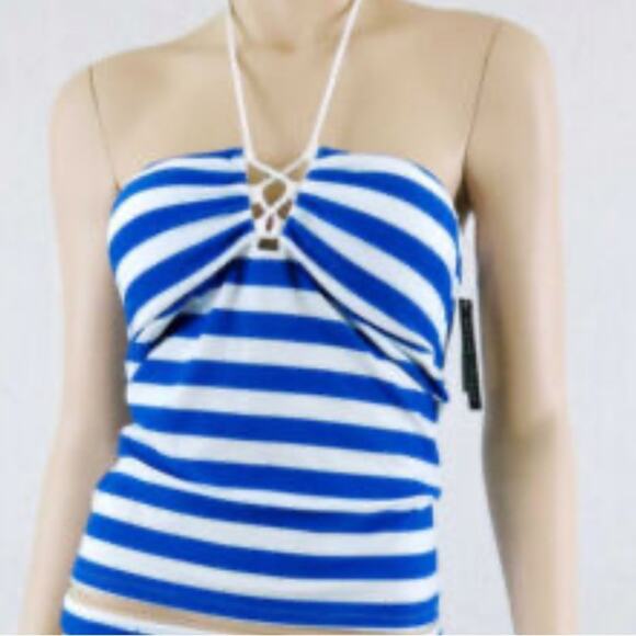RALPH LAUREN Tankini Bandeau Swimsuit Striped Laced White Royal Blue size small - Picture 1 of 5